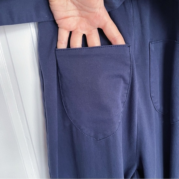 Anthropologie • Chino Jumpsuit navy blue wide leg wrap tie waist stretch twill - Picture 8 of 10